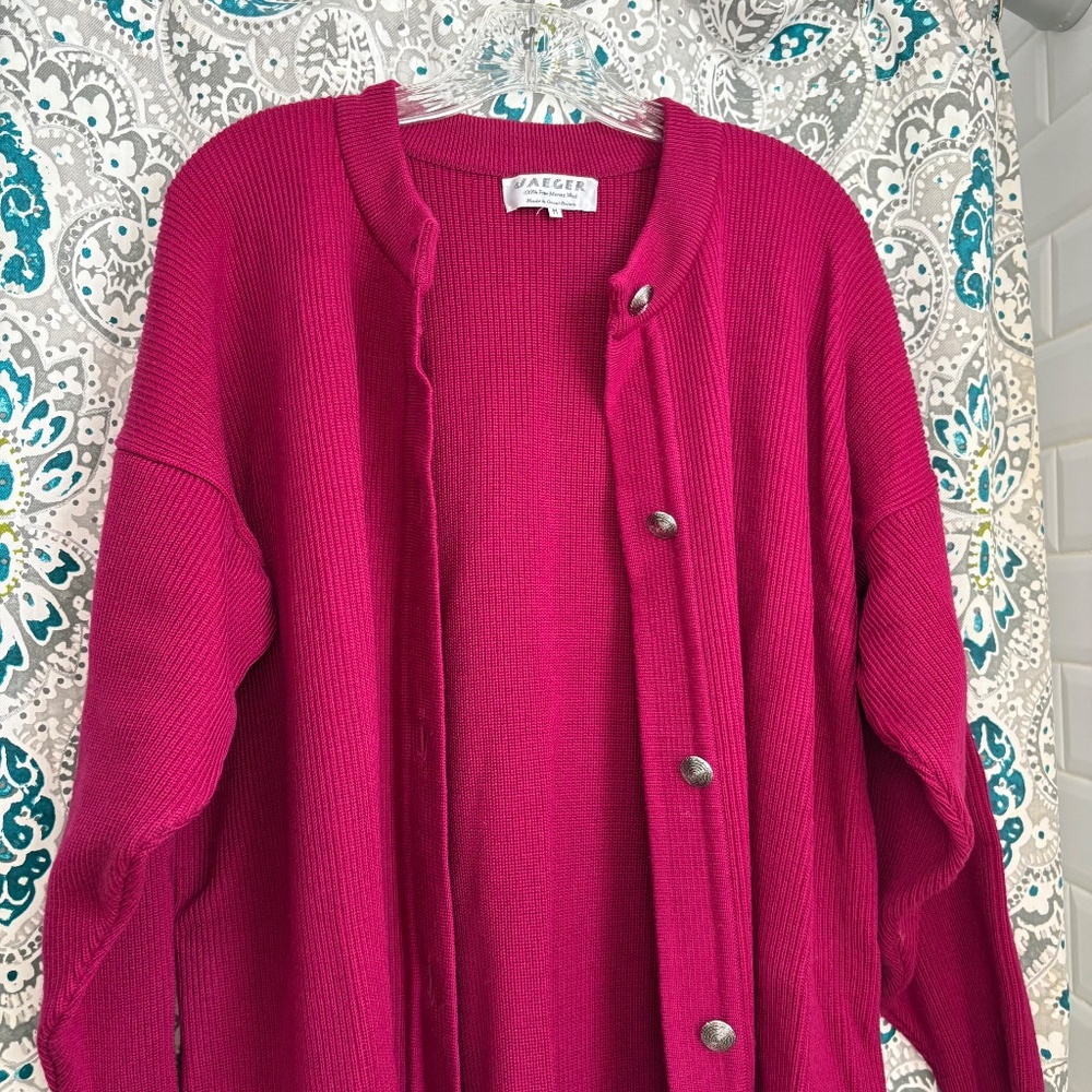 Jaeger Vintage Long Pink Wool Cardigan